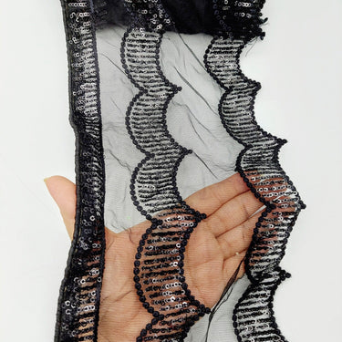 Black Net Scallop Lace Trim with Black Sequins, Sari Border, Embroidered Trim